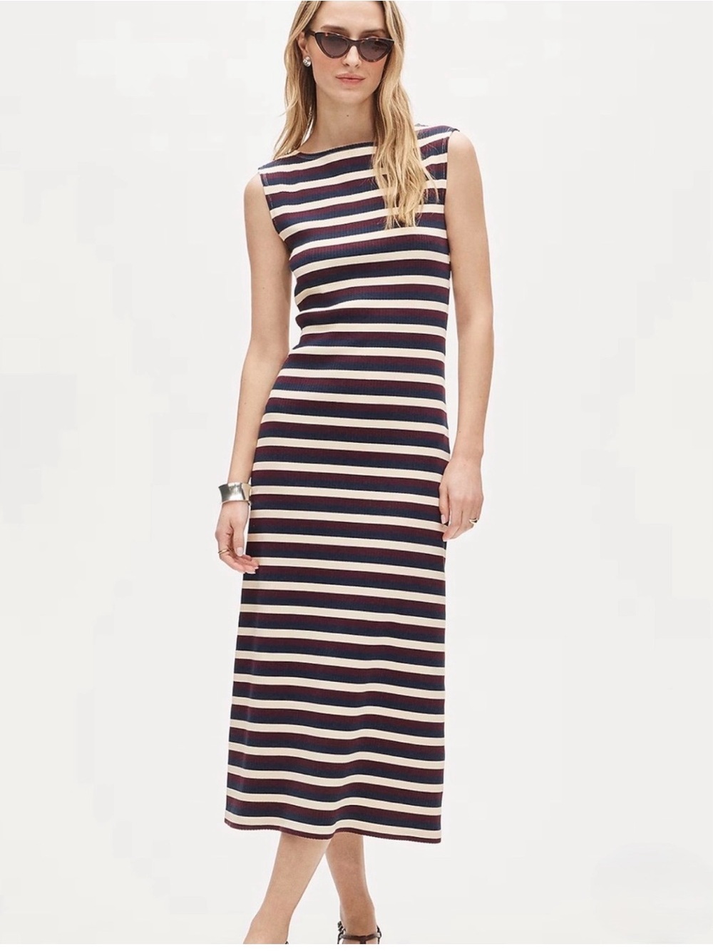 NWT, J Crew Boatneck Knit Midi Dress In Navy, Cream & Burgundy Stripes, Size XL